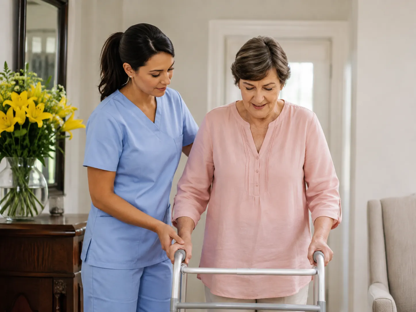 An LMCC nurse helping a patient walk safely at home with a walker