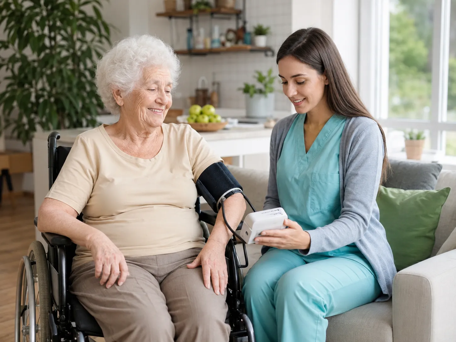An LMCC nurse checking a patient's blood pressure during a home visit